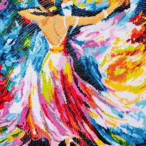 May include: Abstract artwork depicting a couple dancing, rendered in a vibrant, textured style. The dancers are in formal attire, with the woman in a flowing white dress. The background features a dynamic blend of blues, reds, yellows, and pinks.
