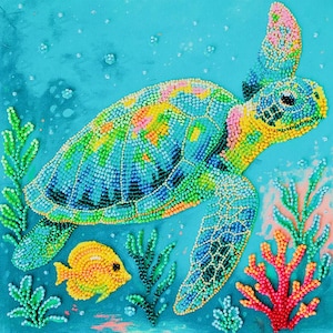 May include: A colorful beaded artwork of a sea turtle swimming underwater. The turtle is primarily blue, green, yellow, and pink, with a detailed shell and flippers. A yellow fish and coral are also depicted, set against a turquoise background.