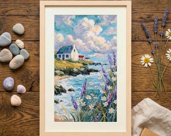 Coastal Cottage Cross Stitch Kit, Seaside Landscape Embroidery DIY, Ocean Cliff Wall Art, Beach House Decor Gift