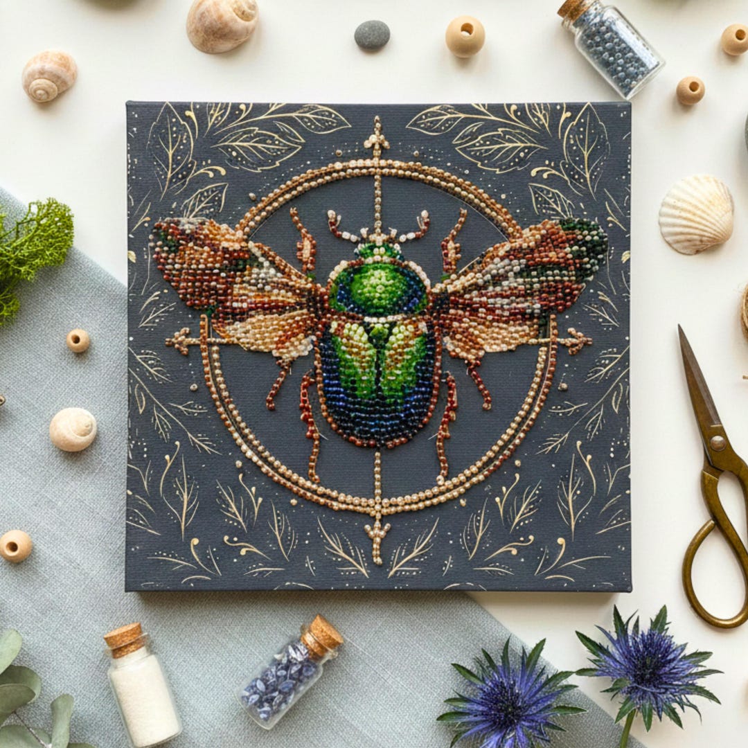 Bead Embroidery Mini Kit, Beetle Art DIY, Green Insect Beadwork, Nature ...