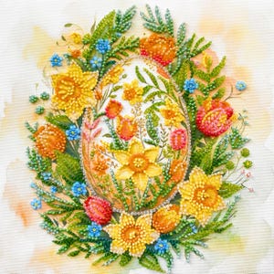 May include: An Easter egg design featuring a central egg shape adorned with yellow daffodils, orange tulips, and blue forget-me-nots. The egg is surrounded by a wreath of green leaves and beaded accents, set against a watercolor background.