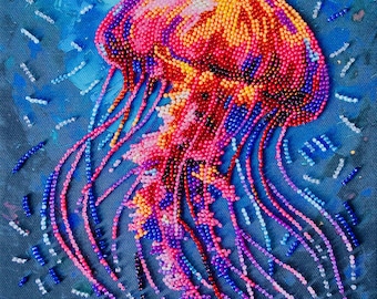 Bead Embroidery Kit, Jellyfish Beaded Art, 3D Marine Embroidery Set, DIY Craft Kit For Adults, Ocean Needlework Kit, Handmade Gift Idea