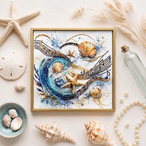 Könnte beinhalten: Ein quadratisches gerahmtes Kunstwerk mit einem Perlendesign aus einer wirbelnden blauen Meereswelle, goldenen Muscheln und Seesternen, die mit schwarzen Noten auf einem Notensystem und goldenen Akzenten kombiniert sind.