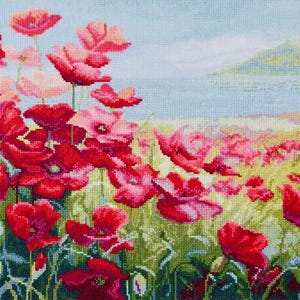 Könnte beinhalten: Kreuzstich-Landschaft mit leuchtend roten und rosa Mohnblumen in einem Feld. Der Hintergrund zeigt einen hellblauen Himmel, ein Gewässer und einen grünen Hügel in der Ferne. Das Kunstwerk ist detailliert und farbenfroh.