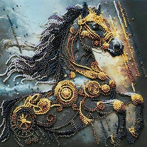 May include: A detailed beaded artwork depicting a horse's head and upper body. The horse is adorned with intricate beadwork in shades of black, gold, brown, and white. The background features a blend of blue and gray hues, creating a textured effect.