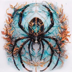 Puede incluir: Una obra de arte de araña con cuentas con un diseño detallado. La araña es negra, verde azulado y dorada, sobre una telaraña turquesa y blanca. La obra de arte está enmarcada por detalles de cuentas naranjas y doradas, creando una pieza única e intrincada.