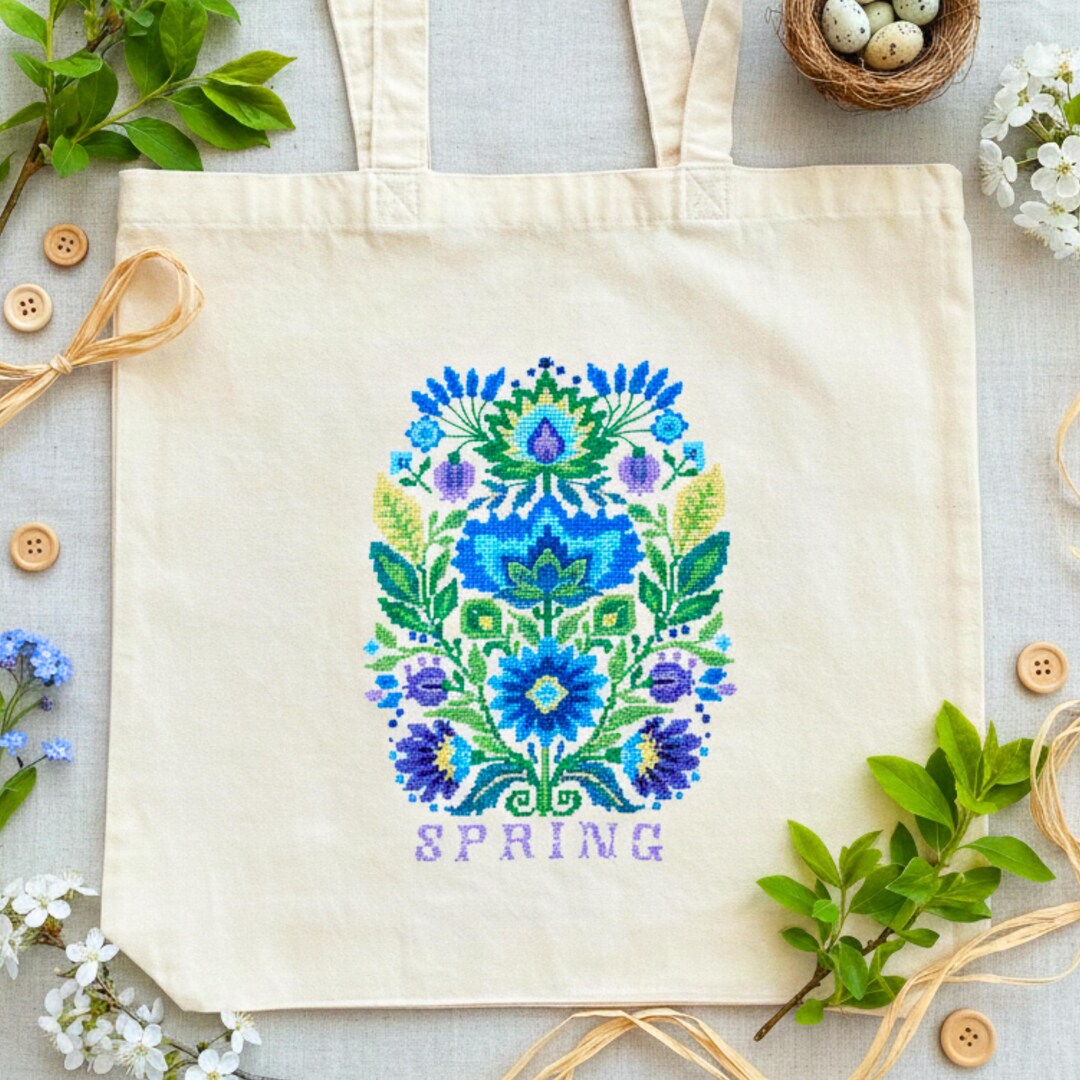 Spring Cross Stitch Tote Bag Kit, Floral Folk Embroidery Shopper ...