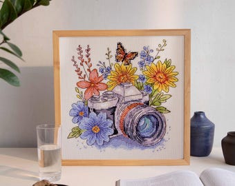 Kreuzstich Kit Blume, einfaches Zähl Kit für Erwachsene, lustiges DIY Handwerk, Vintage Kamera Kreuzstich Kunst, handgemachte Geschenkidee