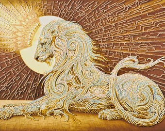 May include: A detailed artwork depicting a lion in a reclining pose, crafted with small, bead-like elements in shades of gold, cream, and brown. The lion is set against a backdrop of a sunburst design, creating a regal and artistic composition.