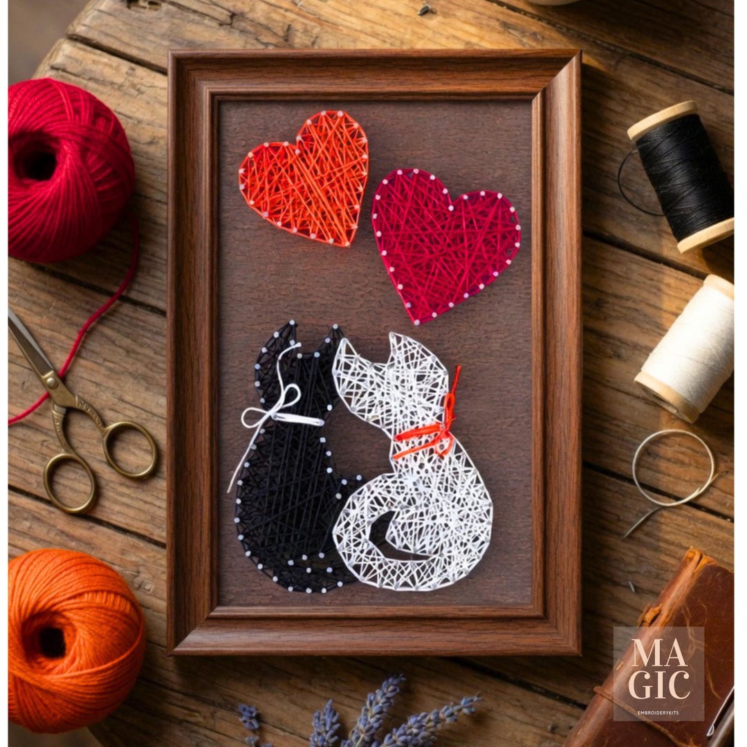 Cat String Art Kit Love DIY Nail and Thread Craft Romantic Wall Decor ...