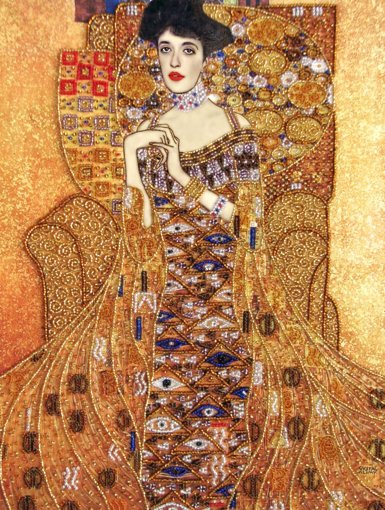 May include: A portrait of a woman in an ornate gold dress, seated in a gold chair. The dress features intricate patterns with blue and white accents. The background is a warm, golden hue, and the artwork has a vintage aesthetic.