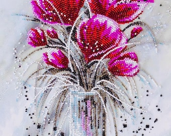 Red Flower Bead Embroidery Kit DIY, Floral Vase Wall Art Craft Kit, Elegant Home Decor, Relaxing Hobby Gift for Her