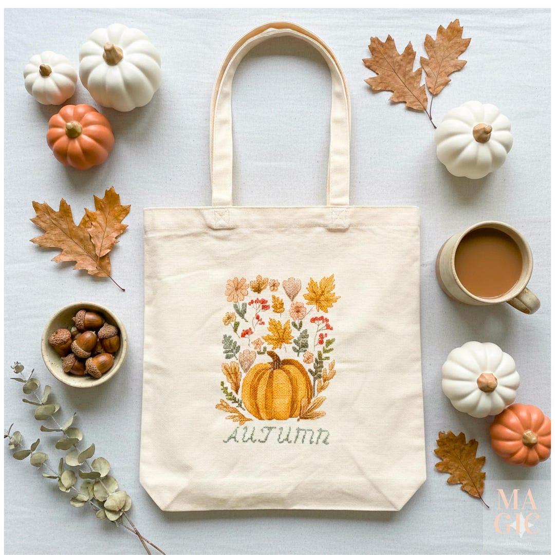 Autumn Cross Stitch Tote Bag Kit, Pumpkin Embroidery Shopper, Fall