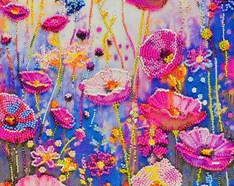 Colorful Flower Bead Embroidery Kit DIY, Bright Floral Wall Art Craft Kit, Spring Garden Decor, Relaxing Hobby Gift for Her