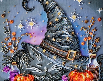 Witch Bead Embroidery Kit, DIY Halloween Craft, Beginner Beaded Art Needlework Set For Adults, Easy 3D Embroidery, Gift Idea
