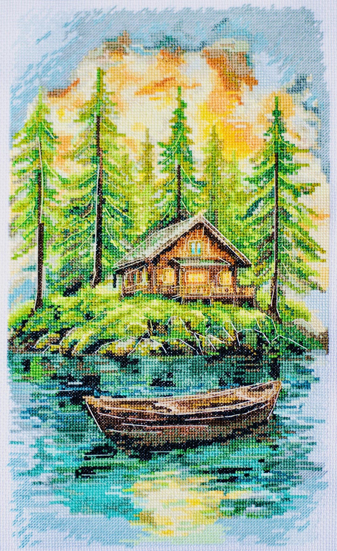Forest Cabin Cross Stitch Kit, Rustic Lake House Landscape, DIY