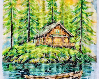 Forest Cabin Cross Stitch Kit, Rustic Lake House Landscape, DIY