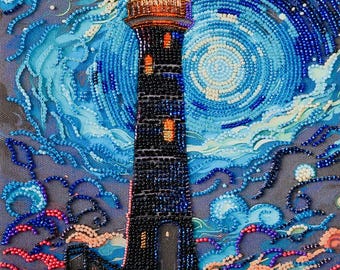 Bead Embroidery Kit, Lighthouse Sea Embroidery, 3D Beaded Art, DIY Needlework Kit For Adults, Easy Craft Project, Handmade Christmas Gift