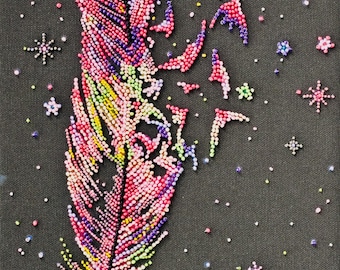 Bead Embroidery Kit, Colorful Feather Embroidery, 3D Beaded Art Set, DIY Needlework Kit For Adults, Easy Craft Kit, Handmade Gift Idea