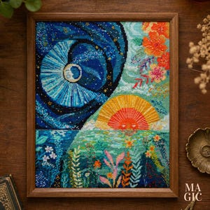 Könnte beinhalten: Gerahmtes Kreuzstich-Kunstwerk, das in zwei Szenen unterteilt ist. Eine Seite zeigt eine Nachtszene mit Mond und Sternen in einer dunkelblauen Spirale. Die andere Seite zeigt einen Sonnenaufgang über einer Blumenlandschaft.