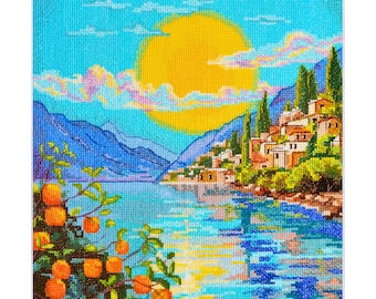 Mediterranean Cross Stitch Kit, Italian Sunset Embroidery, Sicily Landscape DIY Craft, Coastal Wall Art Gift