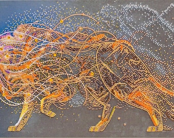 May include: An artistic depiction of a lion in profile, rendered with a mosaic of small, colorful elements. The lion's mane and body are detailed with orange, yellow, and purple hues, set against a dark gray background. The artwork evokes a sense of energy and movement.