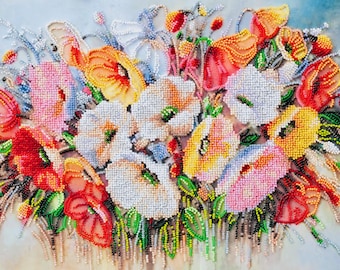 Delicate Flower Bead Embroidery Kit, Large Floral DIY Canvas Art, Elegant Wall Decor Craft Gift