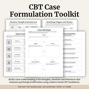 May include: A CBT Case Formulation Toolkit featuring multiple white worksheets with black text. Visible titles include Situation, Thought & Emotion Log, Identifying Triggers and Themes, 5-Part CBT Model, and Smart Goals, which outlines specific, measurable, achievable, relevant, and time-bound criteria.