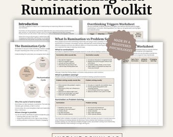 Kit de herramientas para el exceso de pensamiento y la rumiación / Hojas de trabajo de TCC para la ansiedad / Pensamientos repetitivos / Recurso terapéutico imprimible en PDF