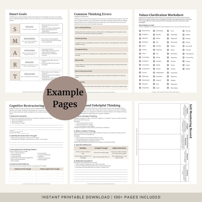 Peut inclure: Ensemble de feuilles de travail imprimables pour l'auto-am&eacute;lioration, comprenant des sections sur les objectifs SMART, les erreurs de pens&eacute;e courantes et une feuille de travail de clarification des valeurs. Pages blanches avec texte noir.
