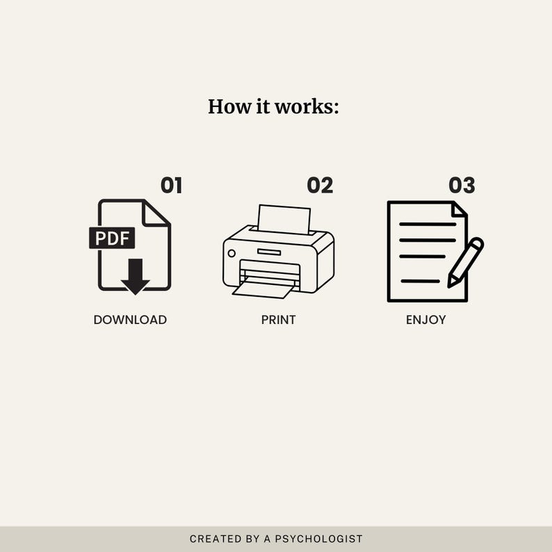 Peut inclure: Infographie en noir et blanc expliquant le processus : T&eacute;l&eacute;charger, Imprimer et Appr&eacute;cier. Le texte "How it works:" est en haut. Chaque &eacute;tape est illustr&eacute;e par une ic&ocirc;ne : un PDF, une imprimante et un document avec un crayon. Le texte "CREATED BY A PSYCHOLOGIST" est en bas.