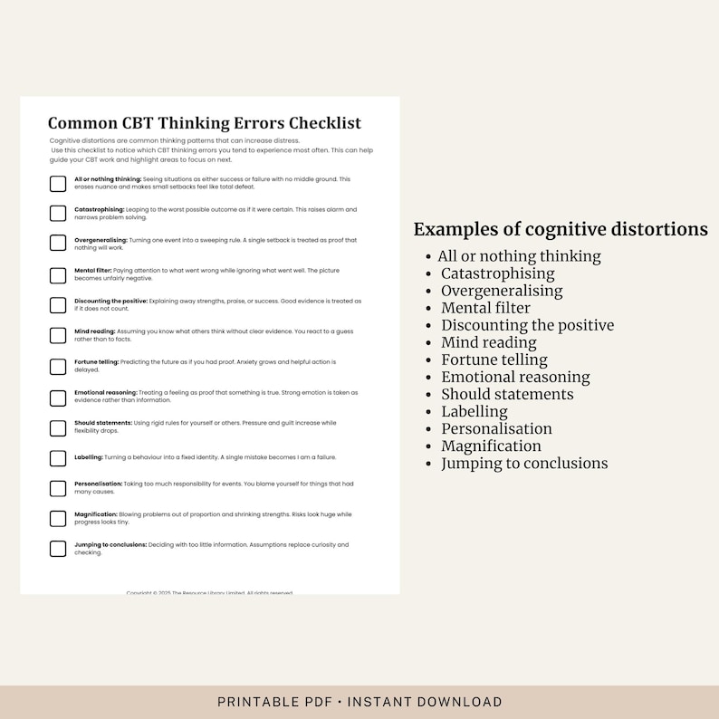 Common CBT Thinking Errors Checklist | Cognitive Distortions List ...