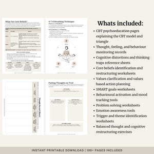 Peut inclure: Ensemble de feuilles de travail imprimables pour la TCC (Th&eacute;rapie Comportementale et Cognitive). Les pages comprennent des informations sur les croyances fondamentales, les techniques de respiration, les journaux de pens&eacute;es et la mise &agrave; l'&eacute;preuve des pens&eacute;es. Le texte "Whats included" liste les pages de psycho&eacute;ducation TCC, les feuilles de travail et les exercices.