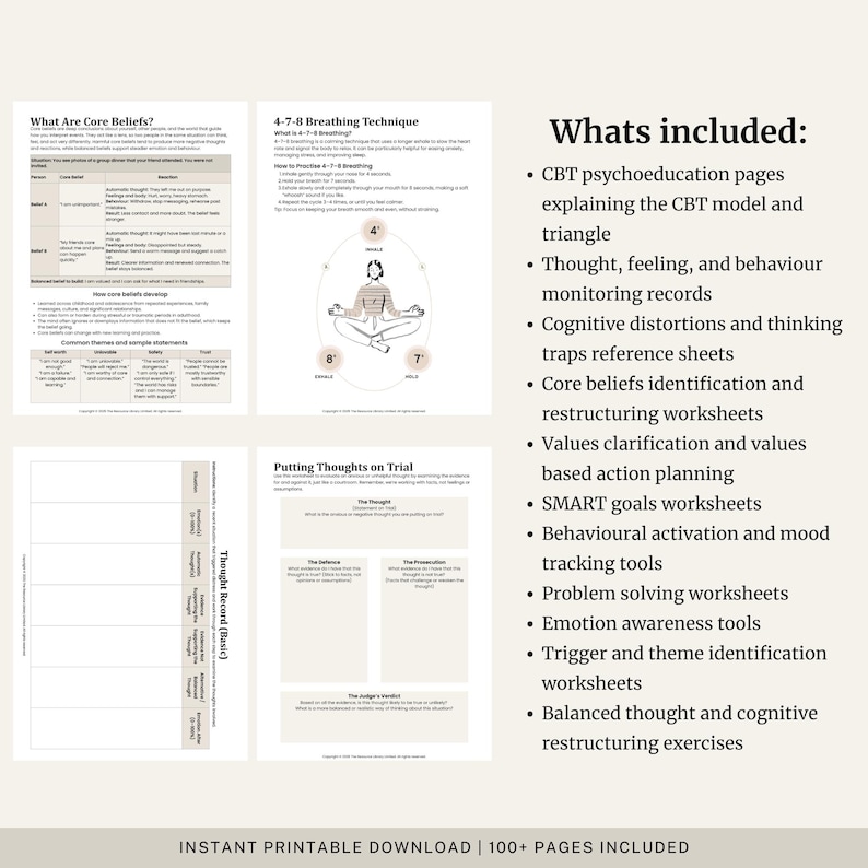 Peut inclure: Ensemble de feuilles de travail imprimables pour la TCC (Th&eacute;rapie Comportementale et Cognitive). Les pages comprennent des informations sur les croyances fondamentales, les techniques de respiration, les journaux de pens&eacute;es et la mise &agrave; l'&eacute;preuve des pens&eacute;es. Le texte "Whats included" liste les pages de psycho&eacute;ducation TCC, les feuilles de travail et les exercices.