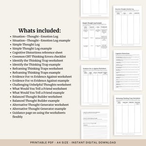 Puede incluir: Un conjunto de hojas de trabajo PDF imprimibles en tama&ntilde;o A4 para terapia cognitivo-conductual (TCC). Las hojas de trabajo incluyen registros, listas de verificaci&oacute;n y ejemplos para manejar pensamientos y emociones. El texto incluye "Situation-Thought-Emotion Log" y "Descarga digital instant&aacute;nea".