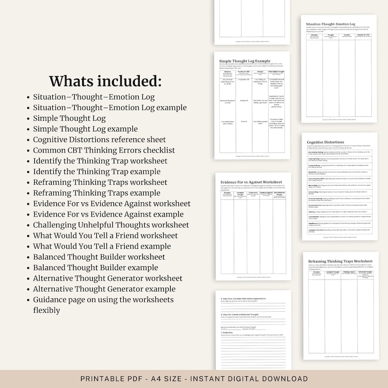 Puede incluir: Un conjunto de hojas de trabajo PDF imprimibles en tama&ntilde;o A4 para terapia cognitivo-conductual (TCC). Las hojas de trabajo incluyen registros, listas de verificaci&oacute;n y ejemplos para manejar pensamientos y emociones. El texto incluye "Situation-Thought-Emotion Log" y "Descarga digital instant&aacute;nea".