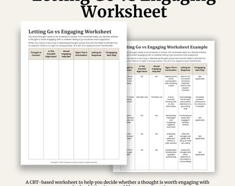 Letting Go vs Engaging Worksheet | CBT Tool for Overthinking and Rumination | Printable Therapy Resource