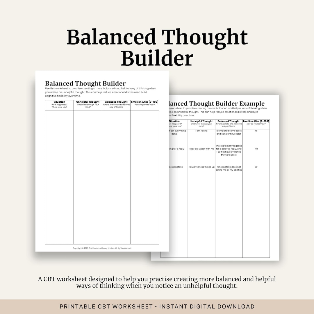 Balanced Thought Builder Worksheet | CBT Thought Reframing Tool ...