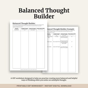 May include: Two white CBT worksheets titled "Balanced Thought Builder" and "Balanced Thought Builder Example" are displayed. The worksheets have columns for "Situation," "Unhelpful Thought," "Balanced Thought," and "Emotion After." Text at the top reads "Balanced Thought Builder."