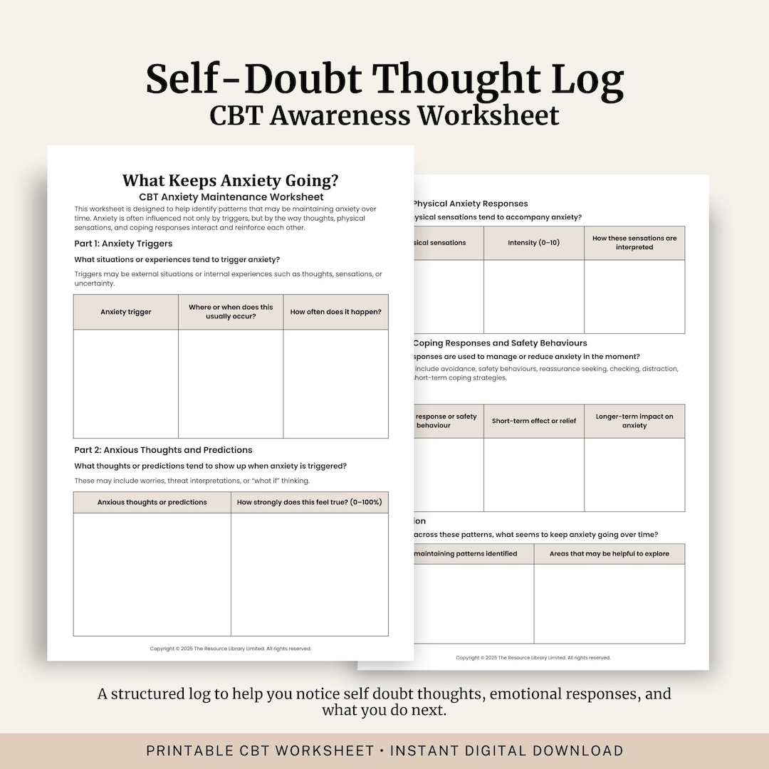 Self Doubt Thought Log | CBT Worksheet for Confidence (printable PDF ...