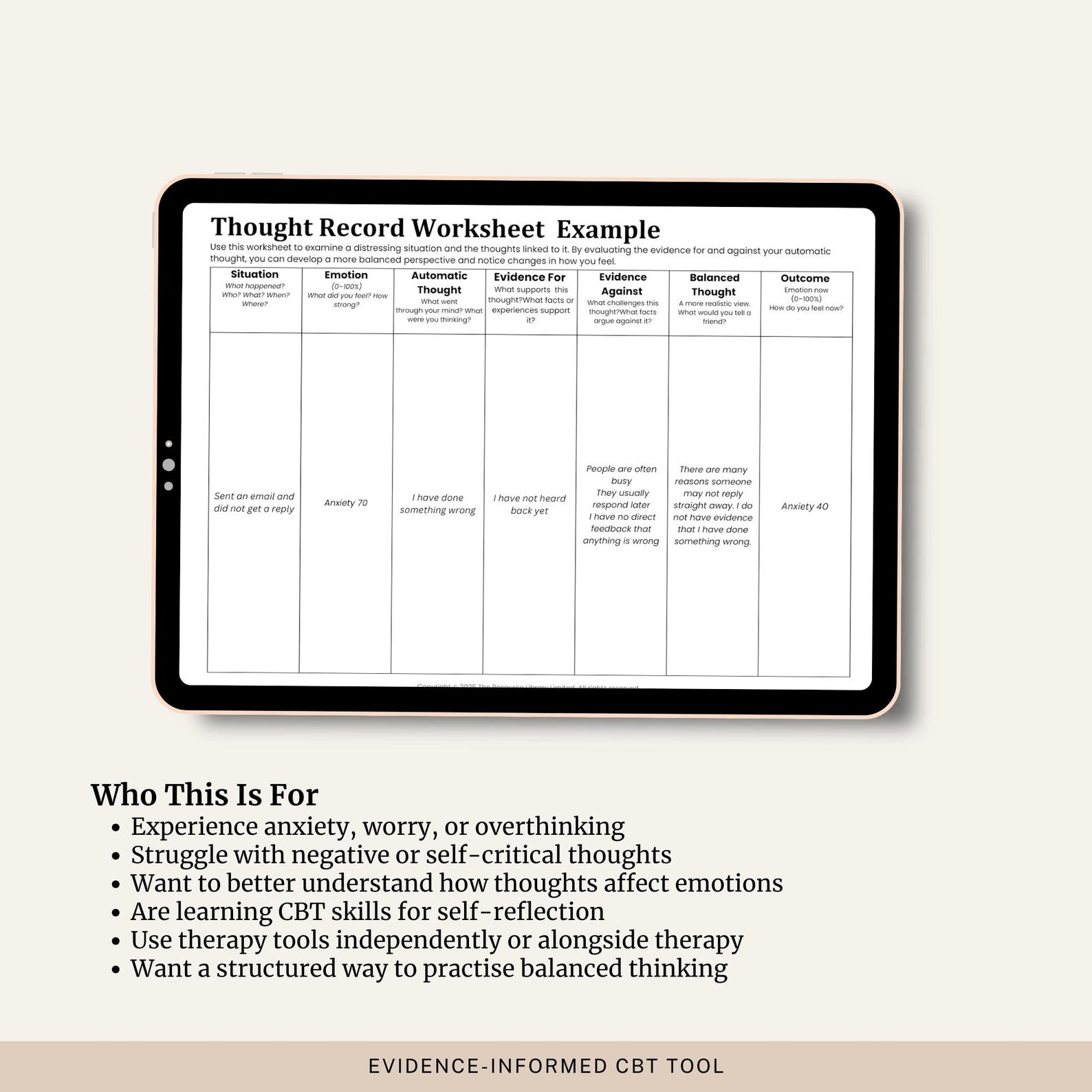 CBT Thought Record Worksheet | Anxiety and Overthinking Therapy Tool ...
