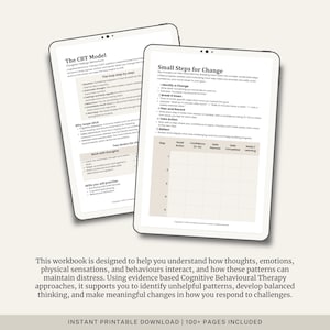 Peut inclure: Deux tablettes blanches affichant des feuilles de calcul sur la th&eacute;rapie cognitivo-comportementale (TCC). L'une affiche "Le mod&egrave;le TCC" et l'autre "Petits pas pour le changement". Les tablettes sont sur un fond beige clair. Le texte en bas dit "T&Eacute;L&Eacute;CHARGEMENT IMPRIMABLE INSTANTAN&Eacute; | 100+ PAGES INCLUS".