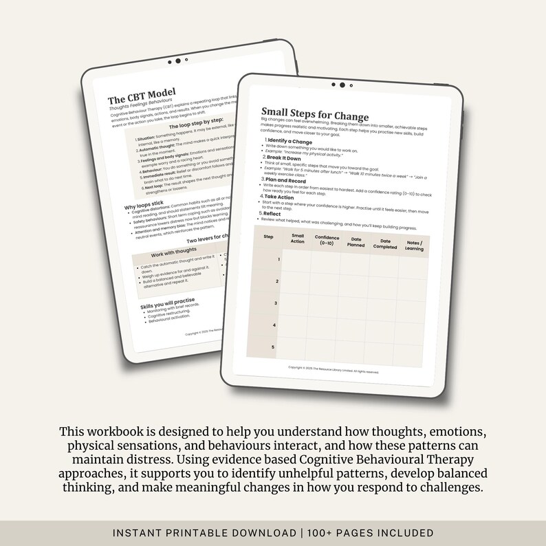 Peut inclure: Deux tablettes blanches affichant des feuilles de calcul sur la th&eacute;rapie cognitivo-comportementale (TCC). L'une affiche "Le mod&egrave;le TCC" et l'autre "Petits pas pour le changement". Les tablettes sont sur un fond beige clair. Le texte en bas dit "T&Eacute;L&Eacute;CHARGEMENT IMPRIMABLE INSTANTAN&Eacute; | 100+ PAGES INCLUS".