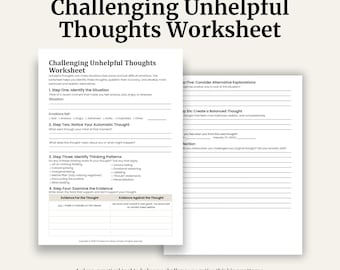 Challenging Unhelpful Thoughts Worksheet | CBT Thought Record | Cognitive Restructuring | Mental Health Printable