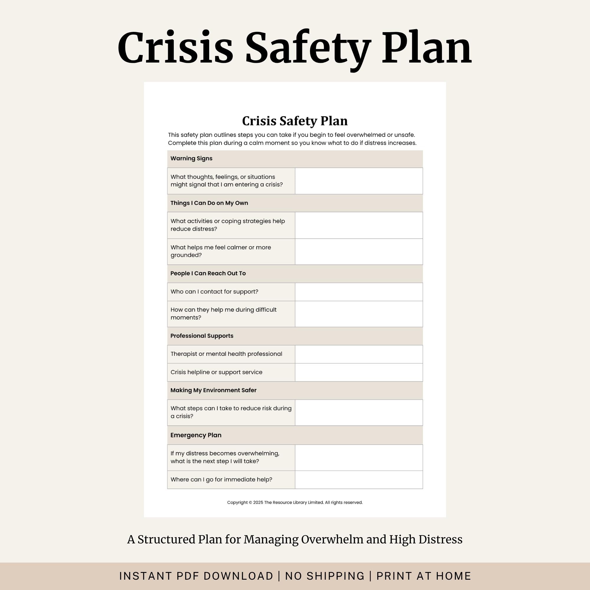 Crisis Safety Plan Worksheet | Mental Health (PDF Download) - Etsy