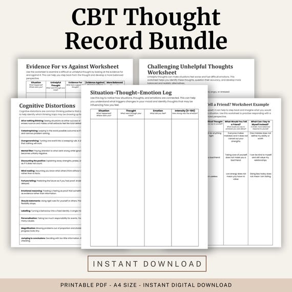 CBT Thought Record Bundle | Anxiety, Overthinking, Self Doubt Worksheets (Digital Download)