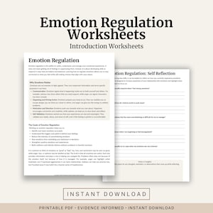 Könnte beinhalten: Digitaler Download von "Emotion Regulation Worksheets" mit "Introduction Worksheets". Die Arbeitsblätter befassen sich mit Selbstreflexion und dem Verständnis von Emotionen. Der untere Teil des Bildes lautet "Instant Download."