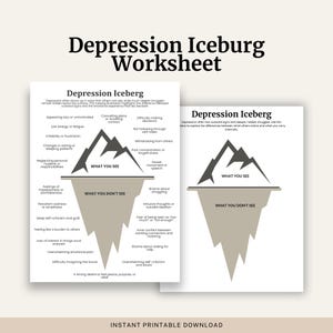 Könnte beinhalten: Zwei druckbare Arbeitsblätter mit dem Titel "Depressions-Eisberg" mit einem Diagramm, das sichtbare und verborgene Kämpfe veranschaulicht. Die Arbeitsblätter enthalten eine Berg-Eisberg-Grafik mit Text, der Symptome und Gefühle im Zusammenhang mit Depressionen beschreibt. Der Satz "Sofortiger druckbarer Download" steht unten.