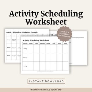 Könnte beinhalten: Ein druckbares Aktivitätsplanungs-Arbeitsblatt mit neutralem Hintergrund. Das Arbeitsblatt enthält Abschnitte für die Tageszeit und die Wochentage. Der Text "Activity Scheduling Worksheet" steht oben. Das Bild enthält auch den Text "Instant Download".