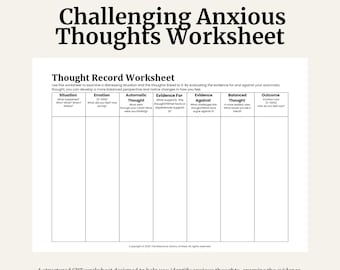 Challenging Anxious Thoughts Worksheet | CBT Anxiety Tool | Thought Challenging for Worry and Overthinking | Printable Mental Health PDF